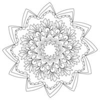 mandala con rizos y racimos de hojas, patrón circular doble con elementos repetidos, página de color con dibujo de contorno zen vector