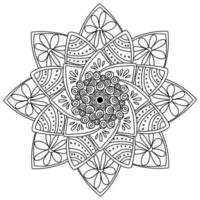 Eight-pointed mandala with spiral patterns in the center and flowers on the rays, zen antistress coloring page for kids and adults
