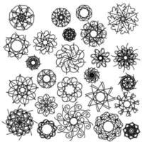 Set of small ornate doodle mandalas with simple linear patterns, antistress coloring page vector