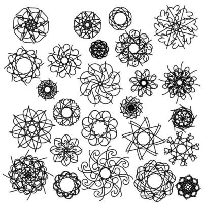 Set of small ornate doodle mandalas with simple linear patterns, antistress coloring page