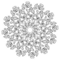 Antistress coloring page with doodle flowers and leaves, fantasy elements and curls in a circular pattern vector