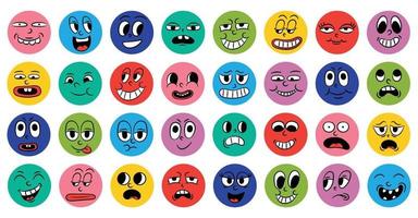 conjunto de caras cómicas de dibujos animados en estilo retro con diferentes expresiones de emociones. iconos redondos abstractos de cabezas de personajes emocionales. Animación de personas emoji al estilo de los años 50 y 60. vector