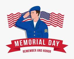 memorial day illustration with soldiers saluting and american flags vector