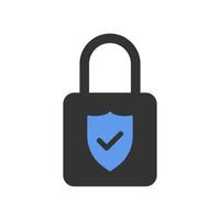 Locked padlock with approval shield vector icon. Antivirus protection concept.