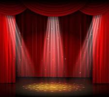 Empty stage with red curtain and spotlight on wooden floor vector