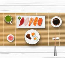 Sushi, Japanese food on a wooden table background