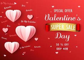 Valentines day sale background with pink folded paper heart shape balloon on red backdrop vector