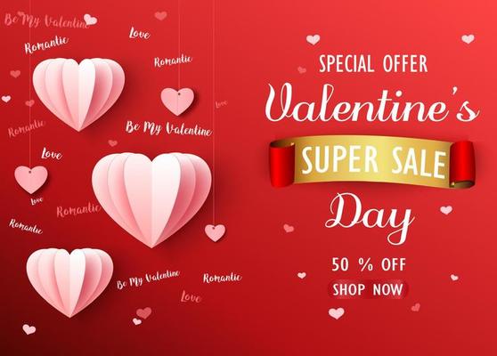 Valentines day sale background with pink folded paper heart shape balloon on red backdrop