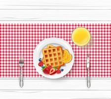 Breakfast menu with waffles and berries on wooden table vector