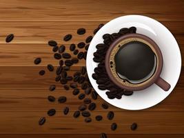 taza de café con granos de café sobre fondo de madera vector