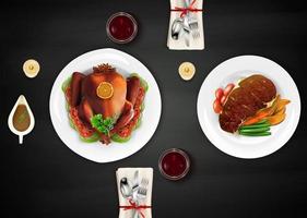 Realistic top turkey composition with treats and grilled meat on table vector