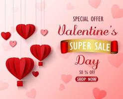 Valentines day sale background with red folded paper heart shape balloon on pink backdrop vector