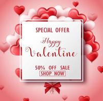 Happy Valentine's Day sale banner with pink and red hearts vector