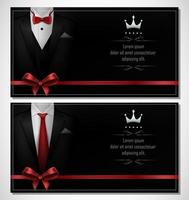 Set of Black tuxedo business card templates with men's suits and place for text vector