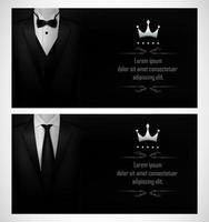 Set of Black tuxedo business card templates with men's suits and place for text vector