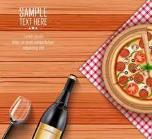 Pizza with bottle of wine and a glass on wooden table