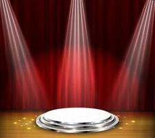 Empty stage with red curtain and white podium on wooden floor vector