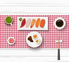 Sushi, Japanese food on wooden table background vector