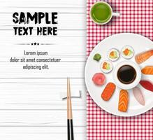 Sushi, Japanese food on wooden table background vector