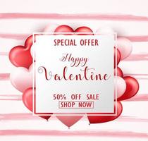 Happy Valentine's Day sale banner with pink and red hearts vector