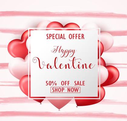 Happy Valentine's Day sale banner with pink and red hearts