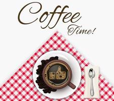 taza de café con granos de café y una cuchara sobre un fondo de mantel vector