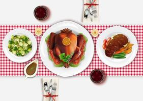 Dining table view top with roasted turkey and meat steak on white wooden table vector