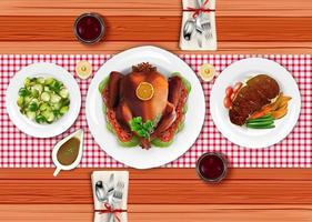 Dining table view top with roasted turkey and meat steak on white wooden table vector
