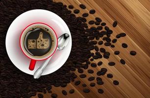 taza de café con textura de madera y granos de café vector
