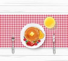 Breakfast food menu with pancakes and berries on wooden table vector