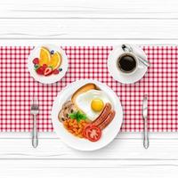 Breakfast menu set with fried egg, fruits and cup of black coffee on wooden table vector