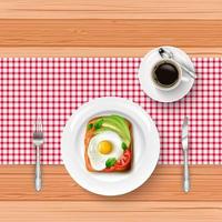 Breakfast menu with fried egg, toast and cup of black coffee on wooden table vector