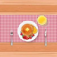 Breakfast food menu with pancakes and berries on wooden table vector