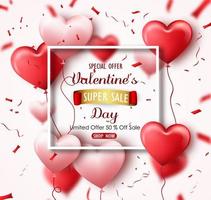 Happy Valentine's Day sale banner with pink red hearts and confetti vector