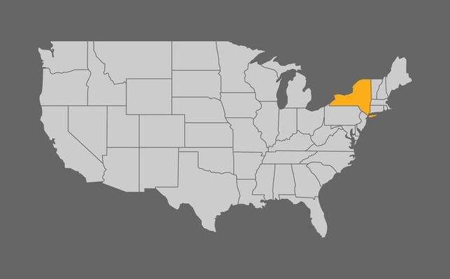 Map of the United States with New York highlight on grey background