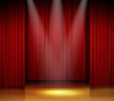 Empty stage with red curtain and spotlight on wooden floor vector