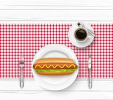 Fast food on plate with fork, knife and cup of black coffee on wooden table vector