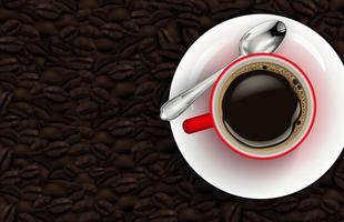 taza roja de café y fondo de granos de café