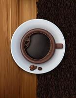 taza de café con textura de madera y fondo de granos de café vector