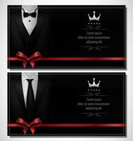 Set of black tuxedo business card templates with men's suits and red tie vector