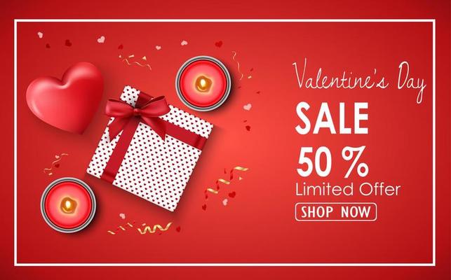 Valentines day sale background with red heart, candles and presents
