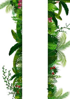 Tropical leaves background. Rectangle plants frame with space for text. Tropical foliage with vertical banner