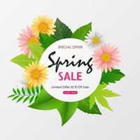 banner de fondo de venta de primavera con hermosas flores de colores y hojas verdes vector