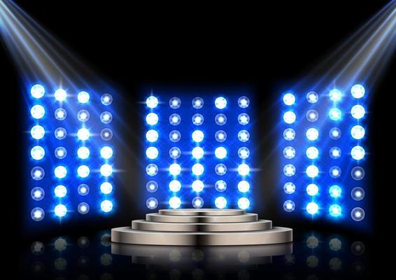 Stage podium with spotlights on dark background