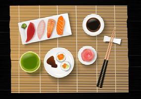 sushi, comida japonesa sobre fondo de mesa de madera vector