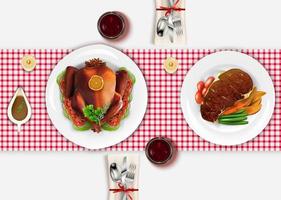 Roasted turkey bird on white plate with fork and knife on white wooden table vector