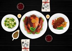 Realistic top turkey composition with treats and grilled meat on table vector