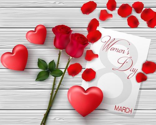 8 March. International happy women's day greeting card. Flower roses. Red hearts. White paper space for text. Red petal. Wood background