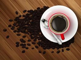 taza de café y granos de café en la mesa de madera