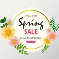 Spring sale background banner with beautiful colorful flower and green leaves